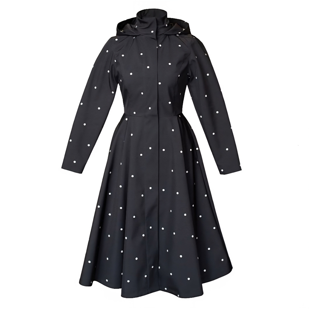 RainSisters Fit and Flare Coat with A-Line Skirt in Black | Timeless Polka Dots